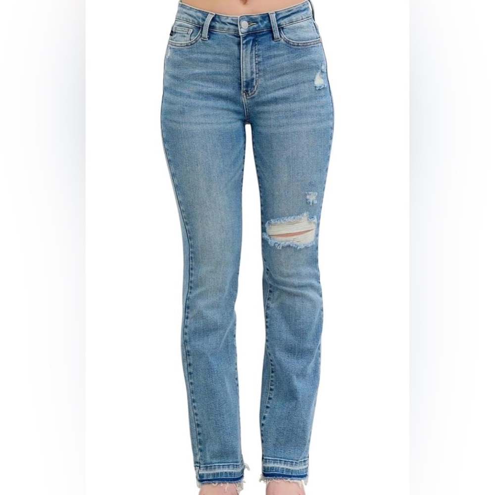 Judy Blue Light Blue Distressed Boot Cut Jeans, released hem.